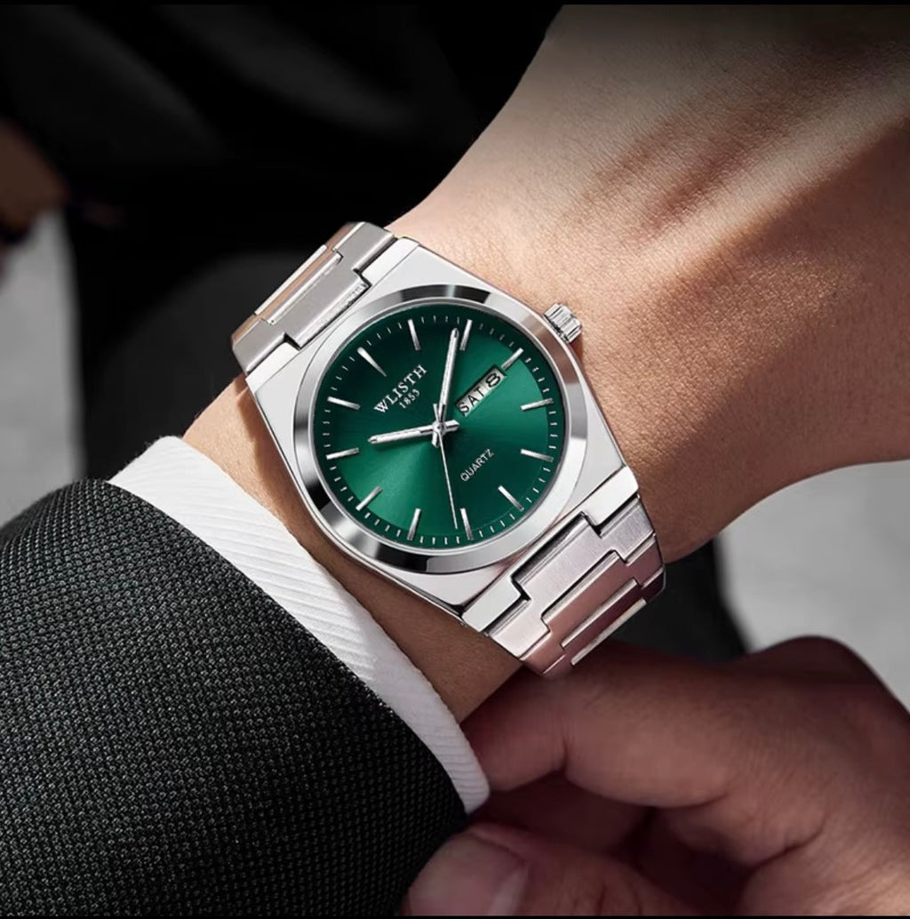 Men's Luxury Stainless Steel Watch with Green Dial, Quartz Movement & Day-Date Display