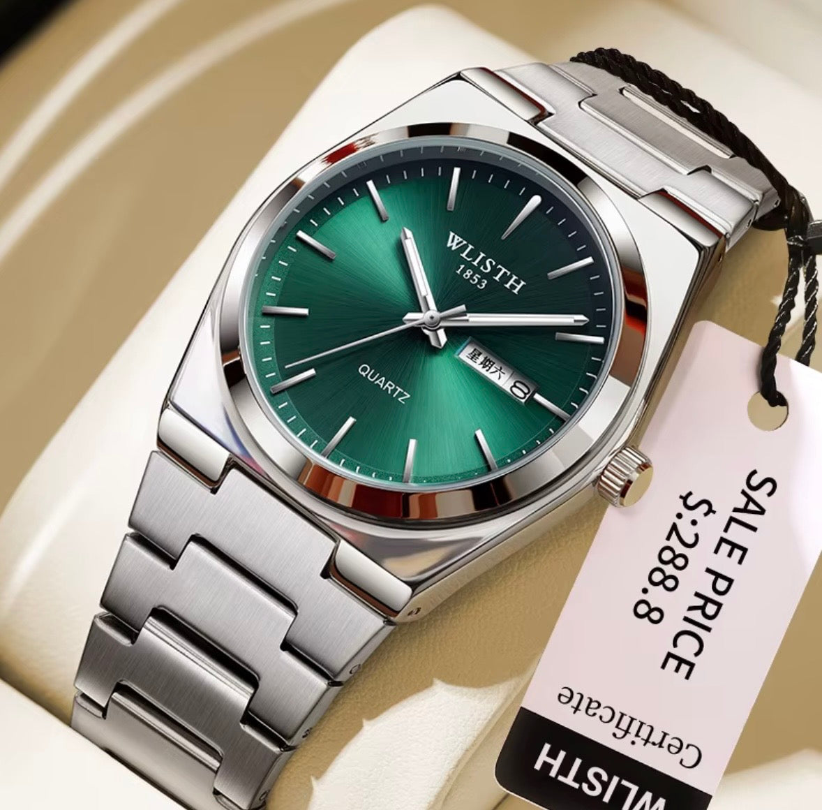 Men's Luxury Stainless Steel Watch with Green Dial, Quartz Movement & Day-Date Display