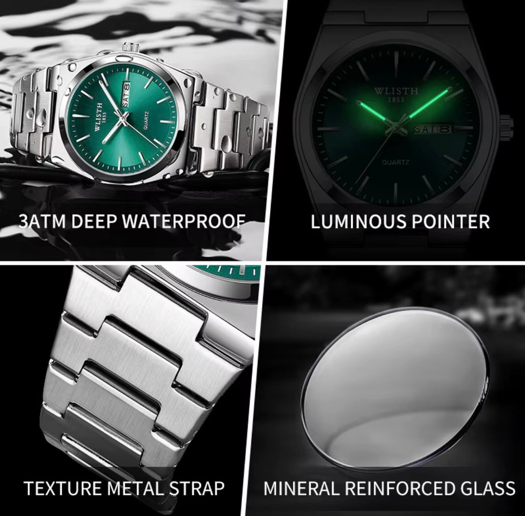 Men's Luxury Stainless Steel Watch with Green Dial, Quartz Movement & Day-Date Display
