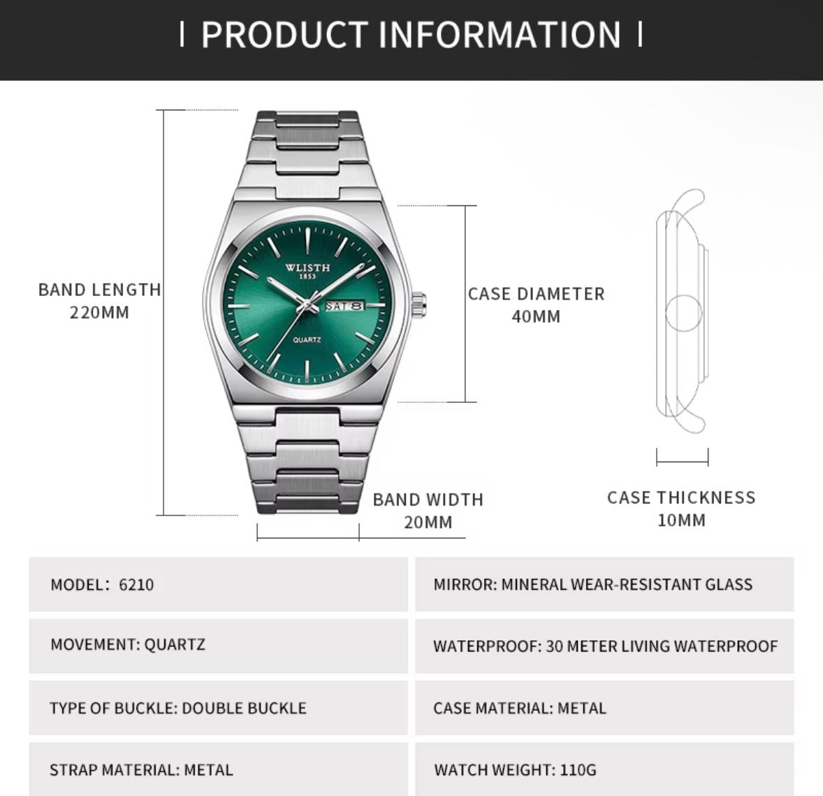 Men's Luxury Stainless Steel Watch with Green Dial, Quartz Movement & Day-Date Display