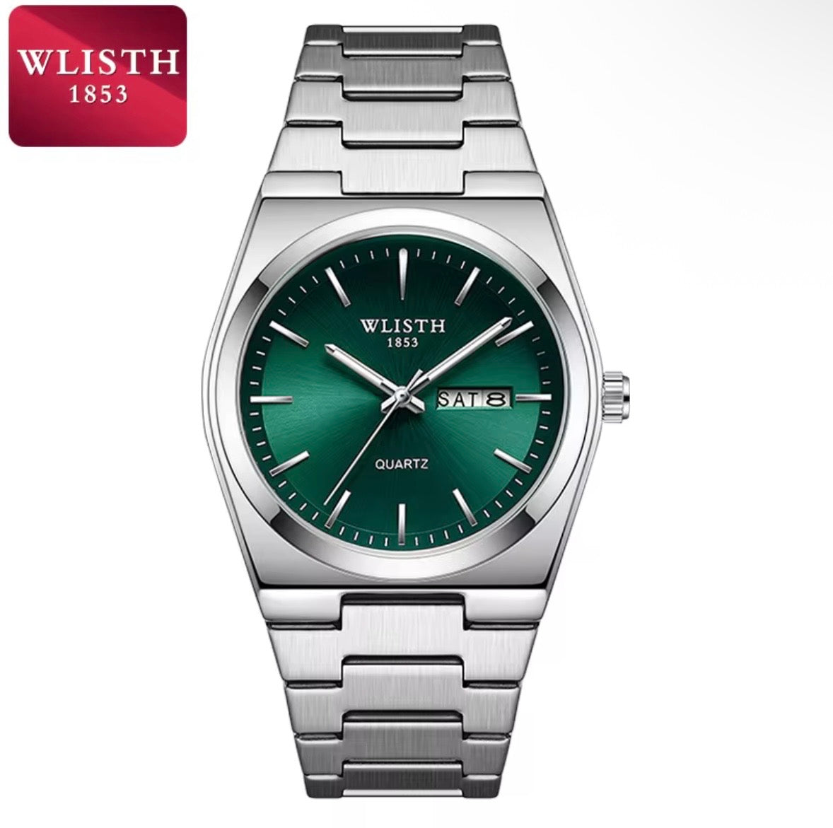 Men's Luxury Stainless Steel Watch with Green Dial, Quartz Movement & Day-Date Display