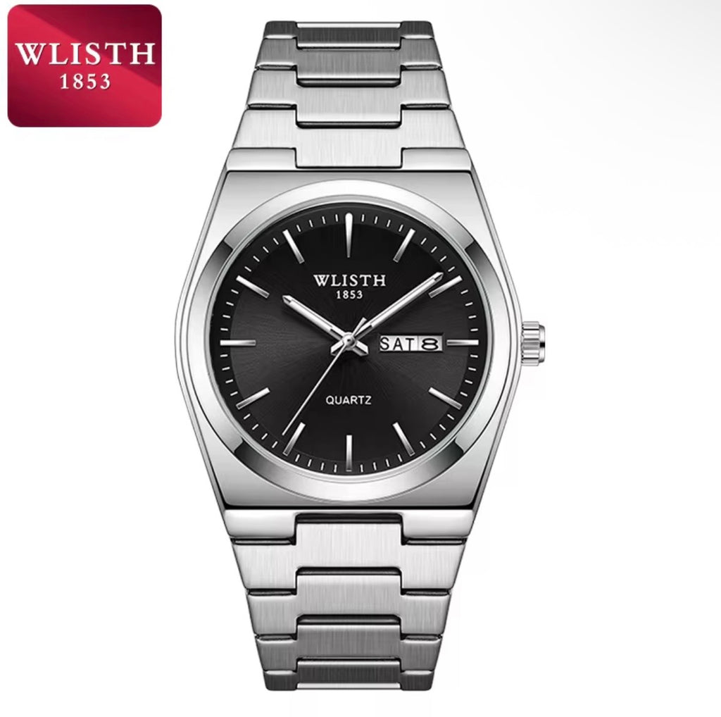 Men's Luxury Stainless Steel Watch with Green Dial, Quartz Movement & Day-Date Display