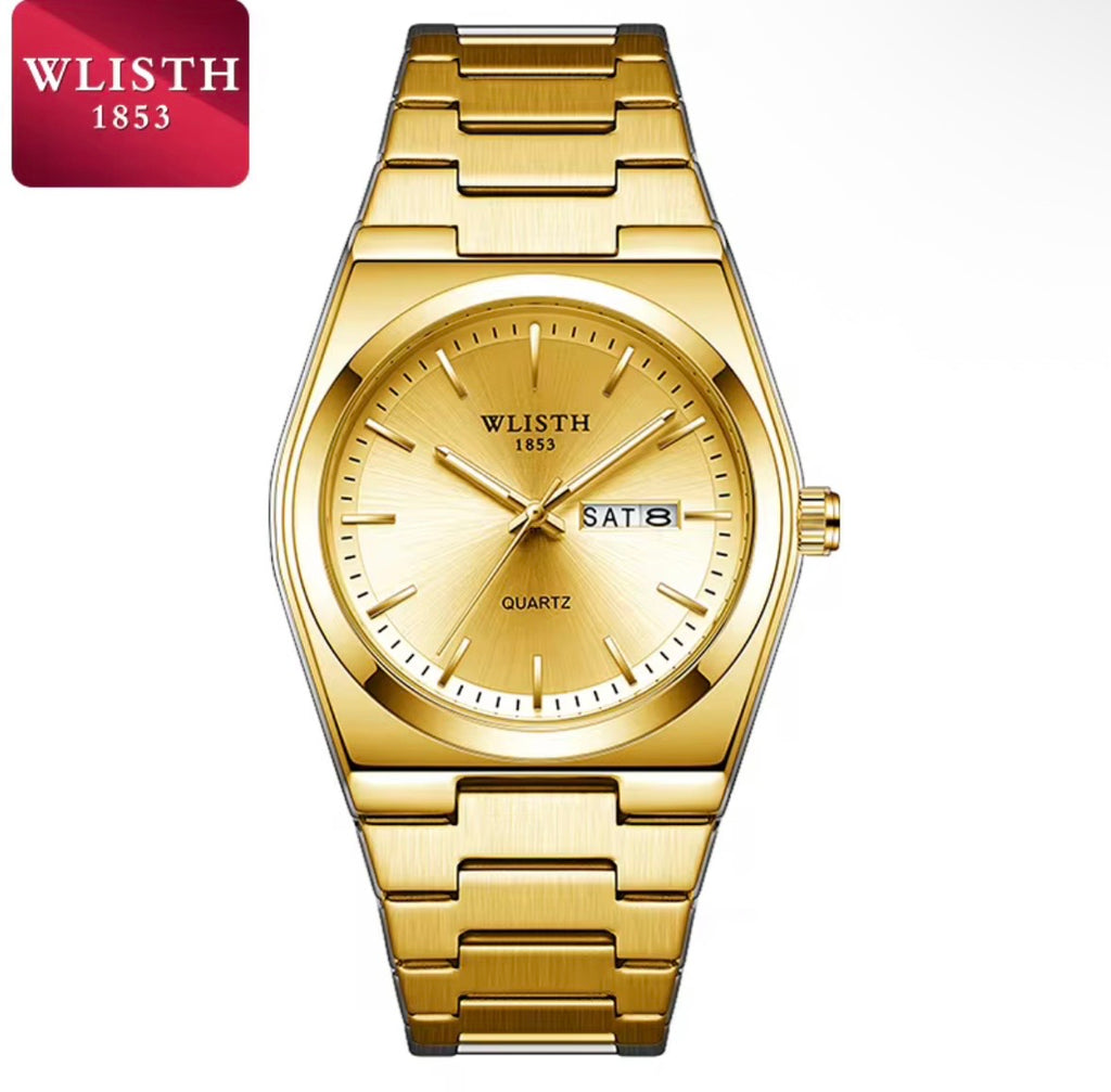 Men's Luxury Stainless Steel Watch with Green Dial, Quartz Movement & Day-Date Display