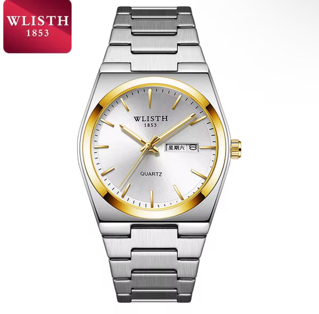 Men's Luxury Stainless Steel Watch with Green Dial, Quartz Movement & Day-Date Display