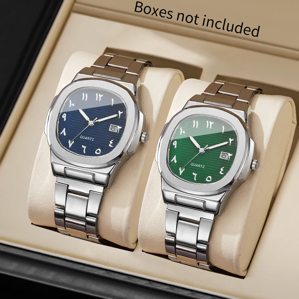 2PCS Square Arabic Numerals Men Watch Stainless Steel Band Date Quartz Wristwatch Blue Green Dial