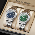 2PCS Square Arabic Numerals Men Watch Stainless Steel Band Date Quartz Wristwatch Blue Green Dial