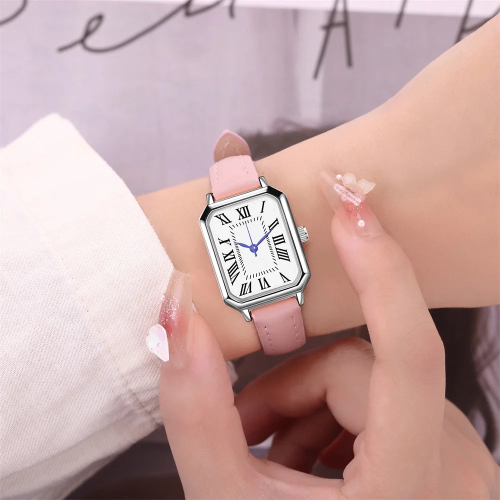 Women Square Quartz Watch Retro Roman Numerals Dial Black Leather Strap Elegant Casual Office Wristwatch