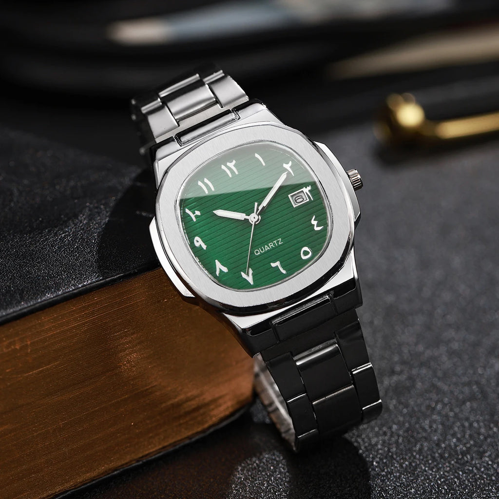 2PCS Square Arabic Numerals Men Watch Stainless Steel Band Date Quartz Wristwatch Blue Green Dial