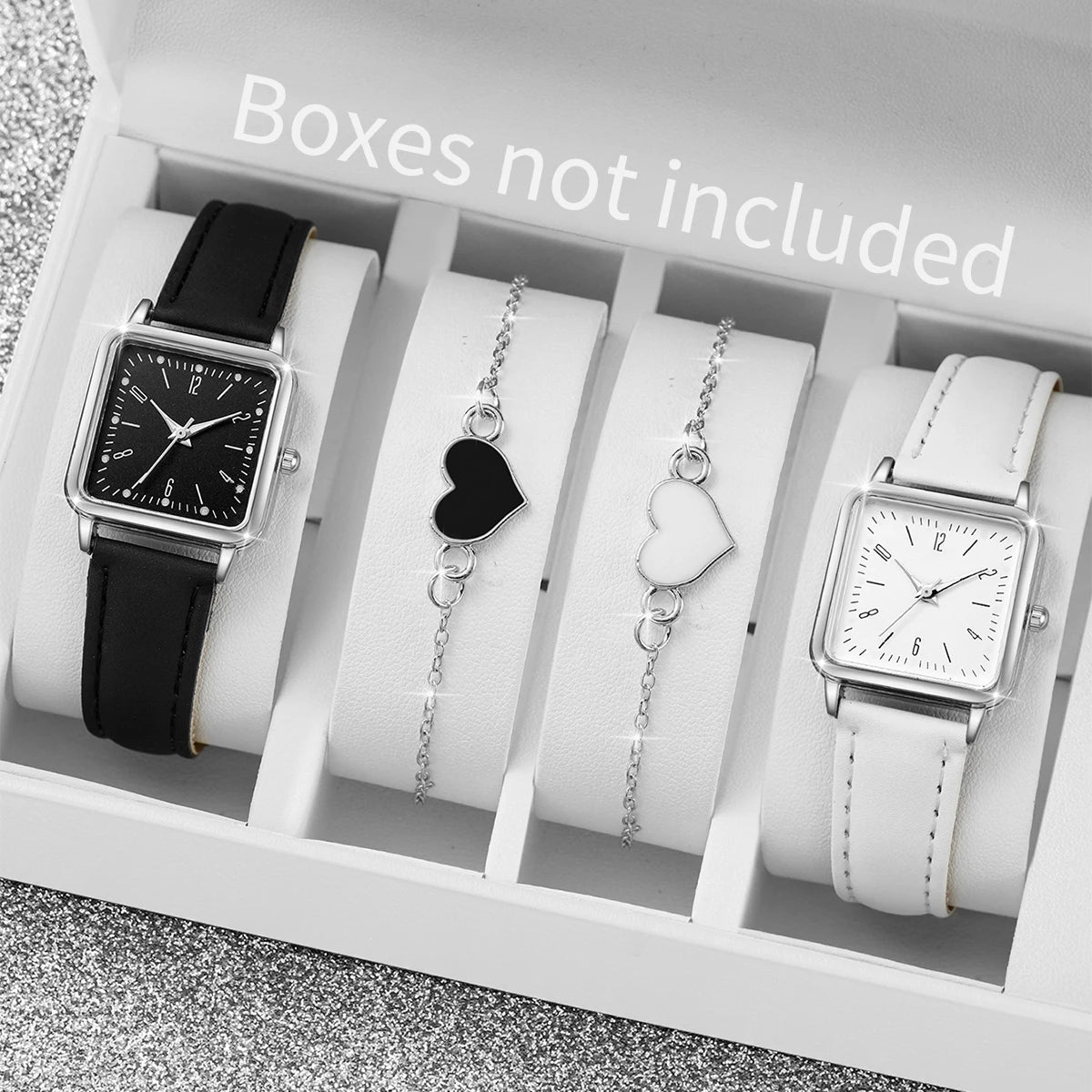 2/4PCS Fashion Square Women's Watch Leather Band Quartz Watches Heart Bracelet Set（Without Box）