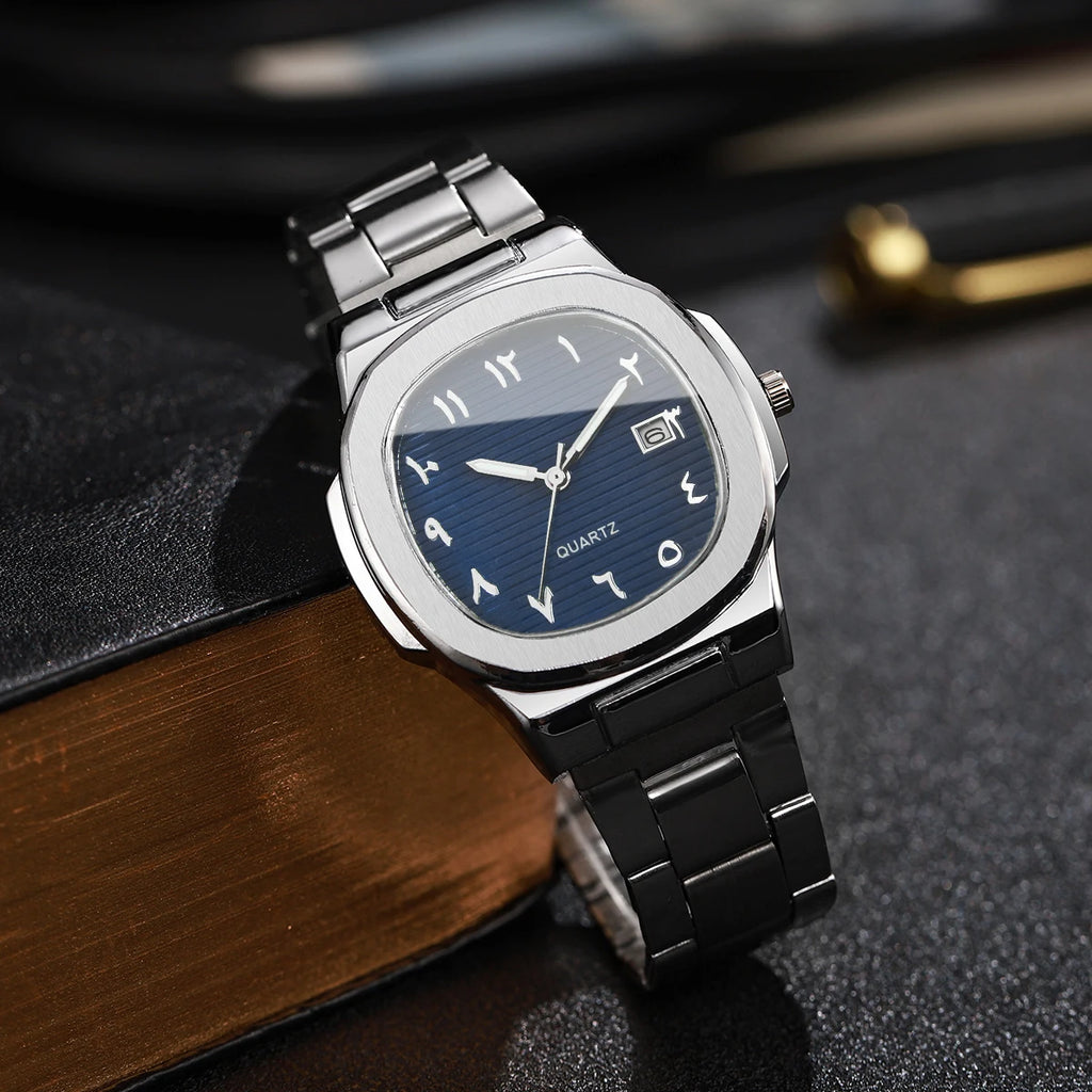 2PCS Square Arabic Numerals Men Watch Stainless Steel Band Date Quartz Wristwatch Blue Green Dial