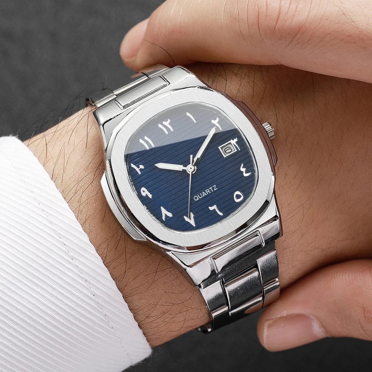 2PCS Square Arabic Numerals Men Watch Stainless Steel Band Date Quartz Wristwatch Blue Green Dial