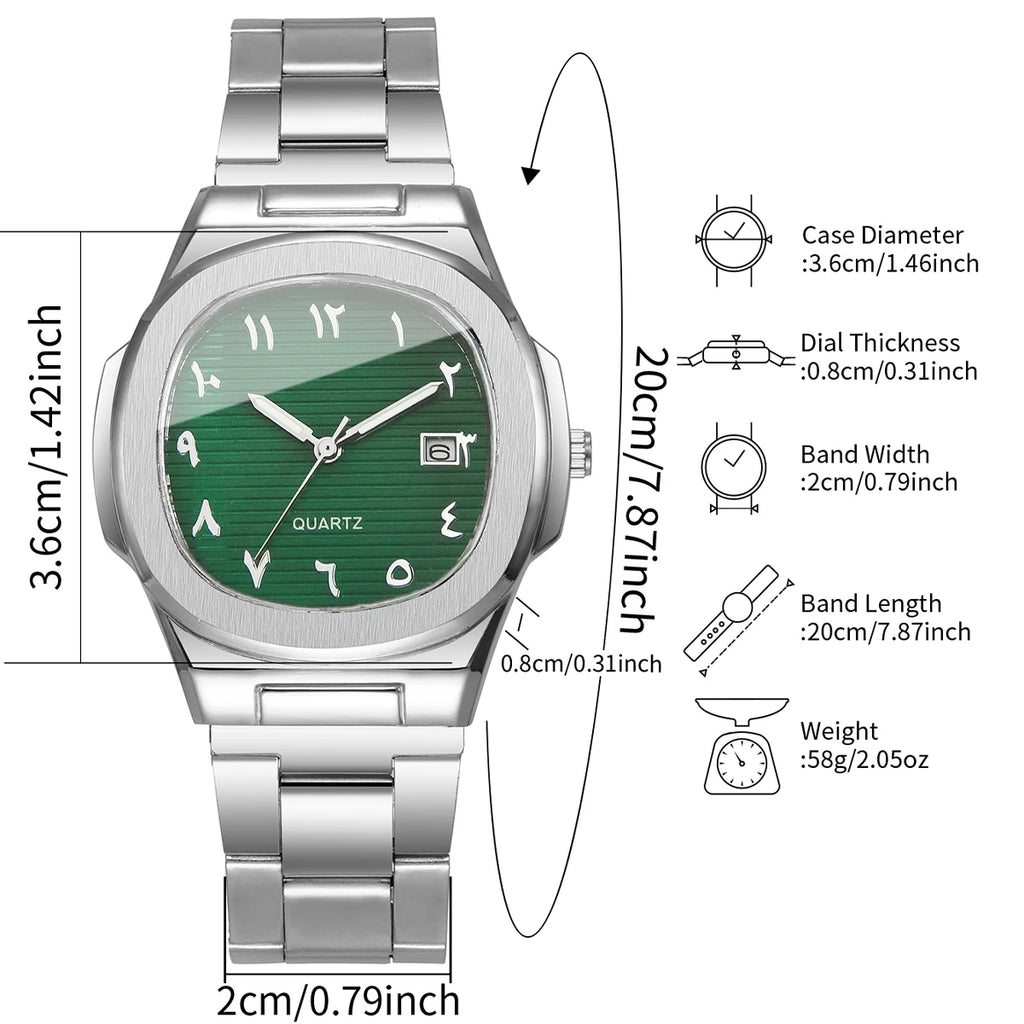2PCS Square Arabic Numerals Men Watch Stainless Steel Band Date Quartz Wristwatch Blue Green Dial
