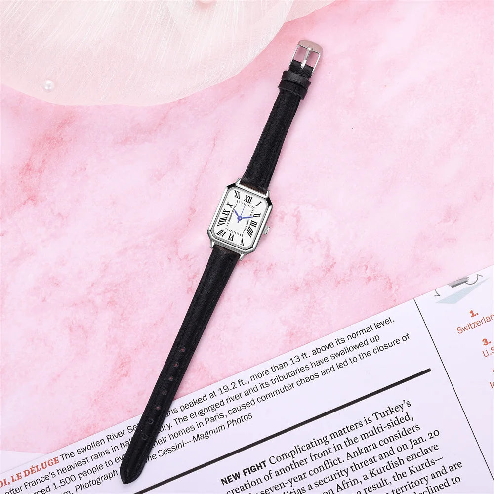 Women Square Quartz Watch Retro Roman Numerals Dial Black Leather Strap Elegant Casual Office Wristwatch